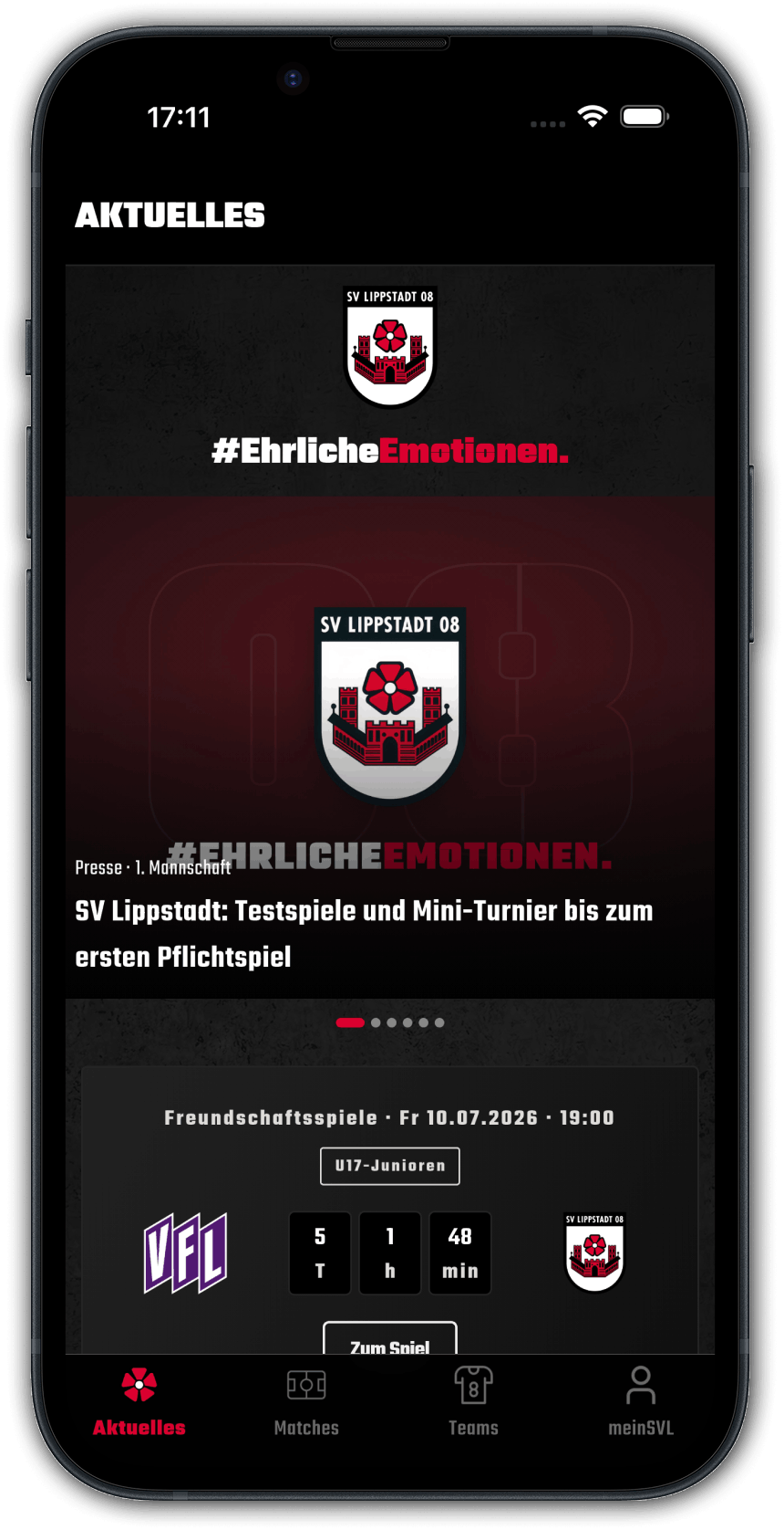 Startseite der SV-Lippstadt-08-App mit aktuellen News