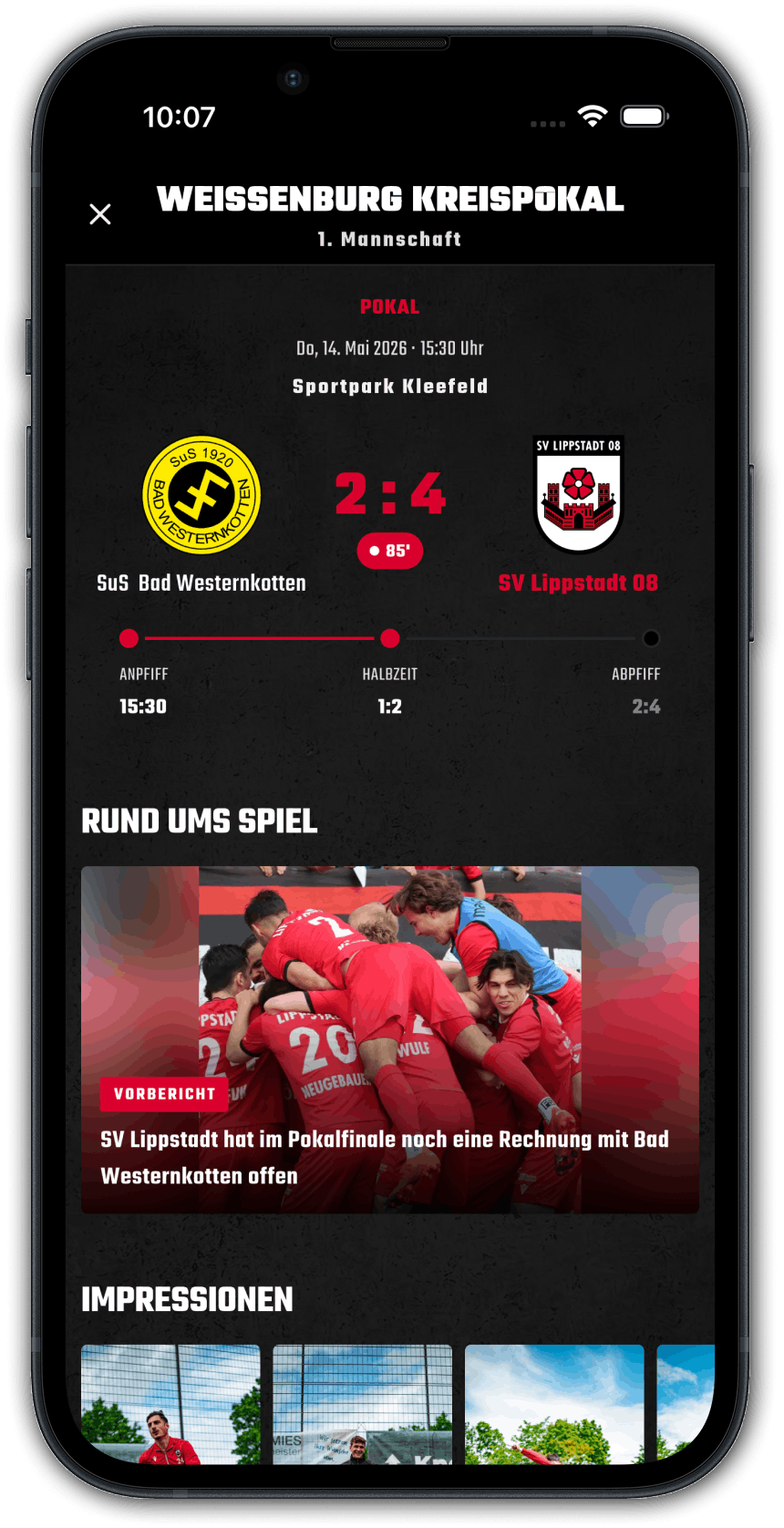 Spieltag-Ansicht mit Live-Ergebnis in der SVL-App